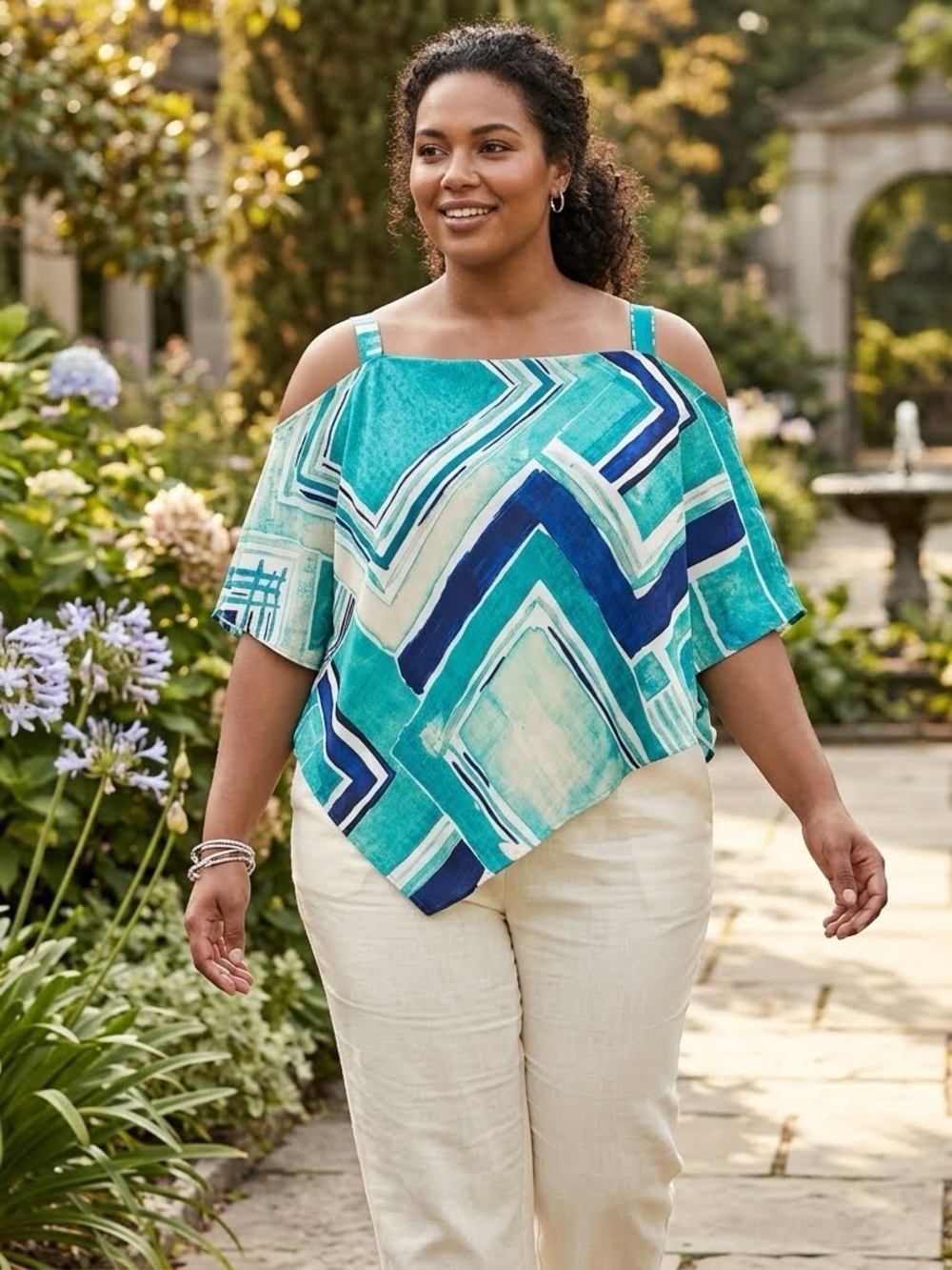 Lane Bryant Teal  Geometric Cold-Shoulder Blouse Size 14/16